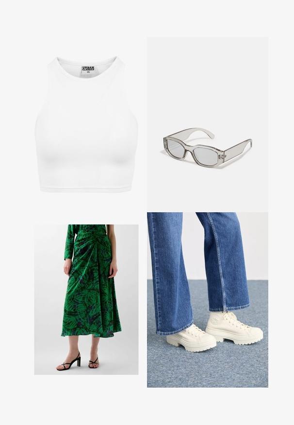 Witte geribbelde crop top met een hoge halslijn en mouwloos ontwerp. Gemaakt van zachte, rekbare stof voor een comfortabele pasvorm.; Groene rok met een gebloemd patroon en een geplooid ontwerp, gemaakt van lichte stof. Heeft paarse en zwarte accenten. Draagt bij zwarte haksandalen.; Witte hoge sneakers met dikke, geribbelde zolen en ronde logo-detail, gedragen met lichtblauwe, wijde denim jeans.; Grijze doorzichtige zonnebril met een rechthoekige vorm, vlakke lenzen en dikke pootjes. Heeft een subtiele scharnierdetail op de tempels.