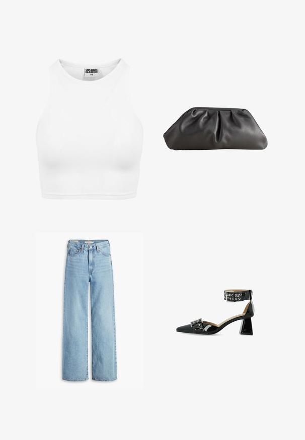 Balta raibuota trumpa maikutė su aukštu kaklu ir be rankovių dizainu. Pagaminta iš minkštos, elastingos medžiagos, užtikrinančios patogų prigludimą.; Aukštai juosmenį atitinkantys, šviesiai mėlyni plačios kojos džinsai su priekinėmis mygtuko ir užtrauktuko detalėmis, diržo kilputėmis ir penkiais kišeniais.; Juodas patentinis odos aukštakulnis batelis su smailiu nosiu, kulkšnies dirželiu ir metaliniu sagties detaile; turi masyvų, skaidrų kulną.; Markberg OKSANAMBG - Delninukė - black