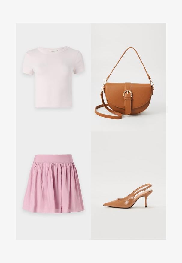 Korte mouwen roze katoenen T-shirt met een ronde halslijn en een ontspannen pasvorm. Glad textuur en eenvoudig ontwerp, geschikt voor casual wear.; Lichtroze, uitlopende rok met een elastische tailleband en geplooide stof, met een gladde textuur en een lengte tot de knie. Geen patronen of accenten.; Puntige slingback hak in een glad, glanzend beige materiaal. Bevat een gebogen uitsnijdontwerp en een slanke stiletto hak. Zilveren gesp detail.; Bruine leren schoudertas met een gebogen vorm, gouden hardware en een gespaccent. Bevat een afneembare schouderriem.