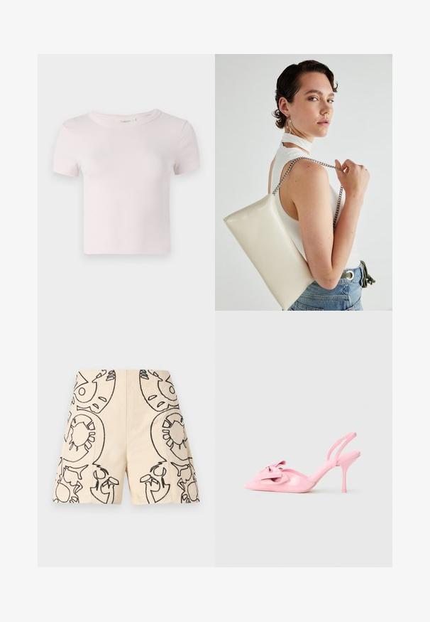Vaaleanpunainen puuvillainen t-paita lyhyillä hihoilla, pyöreä kaula-aukko ja rento leikkaus. Sujuva pinta ja yksinkertainen muotoilu, sopii arkikäyttöön.; Beige hameet, joissa on mustia brodeerattuja kuvioita, esittelee abstrakteja muotoja ääriviivoilla. Valmistettu kevyestä kankaasta, joka tarjoaa rentoa tyyliä.; Vaaleanpunaiset patenttileather-lasit, joissa on teräväkärkinen muoto, koristeellinen sulka edessä ja kapea piikkikorko. Sujuva pinta.; Valkoinen suorakulmainen clutch-laukku, joka on valmistettu kiiltävästä materiaalista ja jossa on hopeinen ketjuolkahihna. Malli poseeraa laukku käsivarsillaan yksinkertaista taustaa vasten.