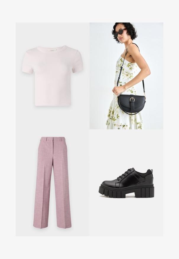 Rosa Baumwoll-T-Shirt mit kurzen Ärmeln, rundem Ausschnitt und lässiger Passform. Glatte Textur und einfaches Design, geeignet für Freizeitkleidung.; Weite Hosen aus einem strukturierten hellrosa Stoff mit flachem Bund, dezenten Falten und einem klassischen Taillendesign.; Schwarze Lederplateauschuhe mit klobigem Blockabsatz, runder Zehenpartie und traditionellem Schnürdesign. Verfügt über eine glatte Textur und minimale Details.; Schwarze Lederhandtasche mit geschwungener Form, abnehmbarem Tragegurt und goldenen Beschlägen. Die Tasche verfügt über einen Deckel mit einer Schnallen-Details.