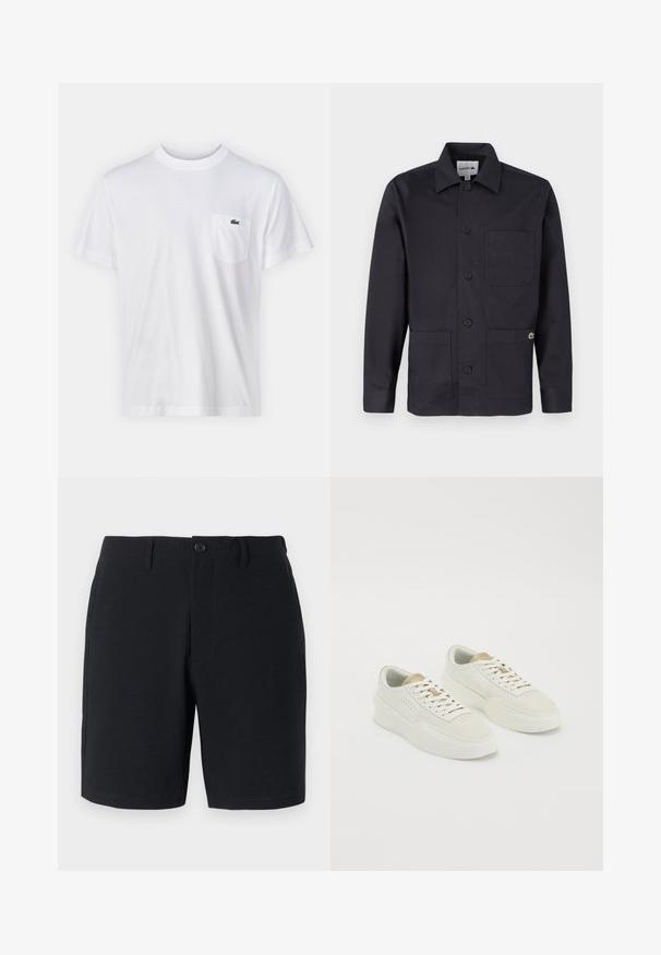 Bela bombažna majica s krožno ovratnikom in kratkimi rokavi. Ima žep na levi strani prsi in majhen zeleni logo Lacoste.; Črna bombažna jakna z gumbi, ovratnikom, dvema sprednjima žepoma in majhnim logotipom na desnem žepu. Minimalističen dizajn.; Črne kratke hlače z teksturirano tkanino, gumbom za zapiranje, zankami za pas in stranskimi žepi; kroj prilagojen postavi s čistimi, šivanimi robovi.; Par nizko profilnih snežnih čevljev v off-white barvi z beige poudarki, debelimi podplati in belimi vezalkami na enotni beli podlagi.