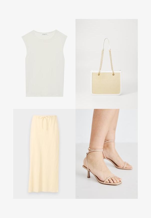 White sleeveless top with a round neckline. Made of smooth fabric, it features a relaxed fit and minimalist design. No patterns or accents.; Light yellow, long skirt with a breathable fabric, and an elastic waistband featuring a drawstring for adjustable fit. Smooth texture, no patterns.; Nude strappy sandals with a thin ankle strap, a square toe design, and a small block heel. Smooth texture with minimal detailing.; Beige woven straw tote bag with white leather trim, dual gold chain handles, and a rectangular shape. Surface features a textured pattern.