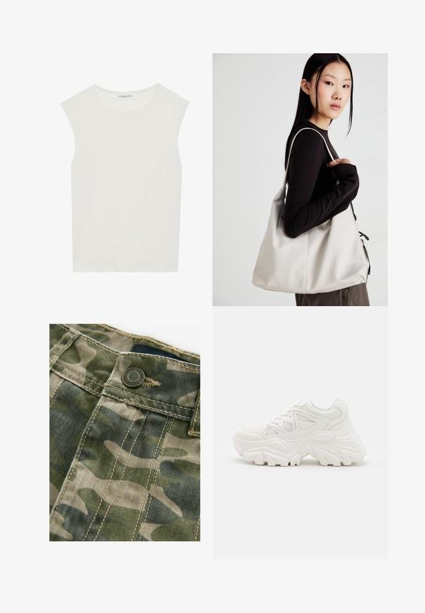Biała bezrękawnik z okrągłym dekoltem. Wykonana z gładkiego materiału, ma luźny krój i minimalistyczny design. Bez wzorów ani akcentów.; Tkanina w wzór kamuflażu w odcieniach zieleni i beżu, z widocznymi szwami, metalowym guzikiem oraz gładką fakturą.; Białe, masywne sneakersy z teksturowaną cholewką, panelami z siateczki i grubymi gumowymi podeszwami o wyraźnym wzorze bieżnika. W zestawie sznurówki i pętla do zakupu.; Beżowa torebka wykonana z miękkiego materiału, charakteryzująca się luźnym fasonem, wyszywanymi detalami i dwoma uchwytami na ramię. Idealna na co dzień.