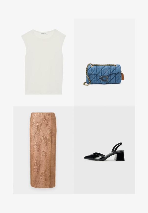 Top branco sem mangas com decote redondo. Feito de um tecido liso, apresenta um corte descontraído e um design minimalista. Sem padrões ou detalhes.; Saia midi de contas em bege claro com um desenho de lantejoulas, apresentando uma silhueta reta e uma abertura lateral para detalhes e movimento.; Sandy em verniz preto com salto slingback, ponta afilada e salto geométrico. Apresenta um design elegante e minimalista com textura suave.; Bolsa de ombro em denim azul acolchoado com uma alça de corrente dourada e um destacado logotipo dourado na parte da frente. Forma retangular compacta.