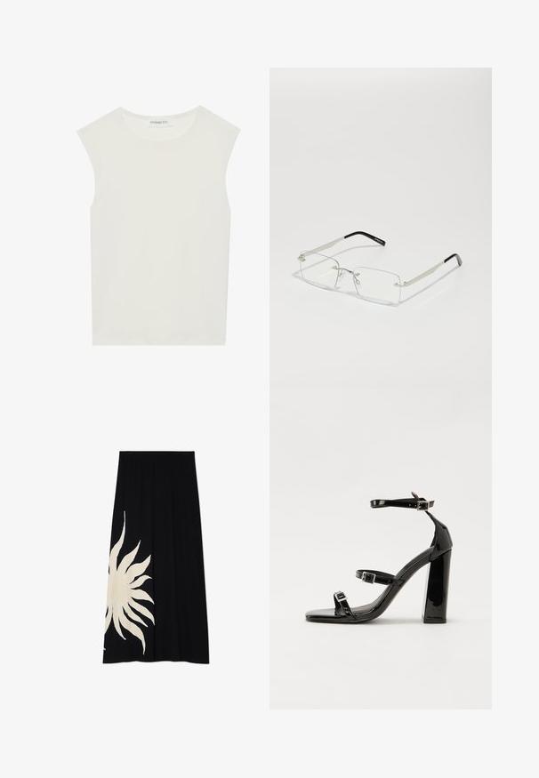 Hvit ermeløs topp med rund hals. Laget av glatt stoff, har den en avslappet passform og minimalistisk design. Ingen mønstre eller detaljer.; Svart skjørt med et stort hvitt solmotiv på den ene siden, myk tekstur og en flytende form, som er egnet for hverdagsbruk.; Svart høyglans sandaler med hæl, firkantet tå, ankelremmer og sølvspenner. Har en kraftig blokkhæl for stabilitet.; Rektangulære briller med klare linser, tynn sølvmetallramme og svarte acetat-tips. Har minimalt med maskinvare for et elegant design.; Svart lærveske med en buet form, avtagbar stropp og gullbeslag. Vesken har et klaff med spenne-detall.