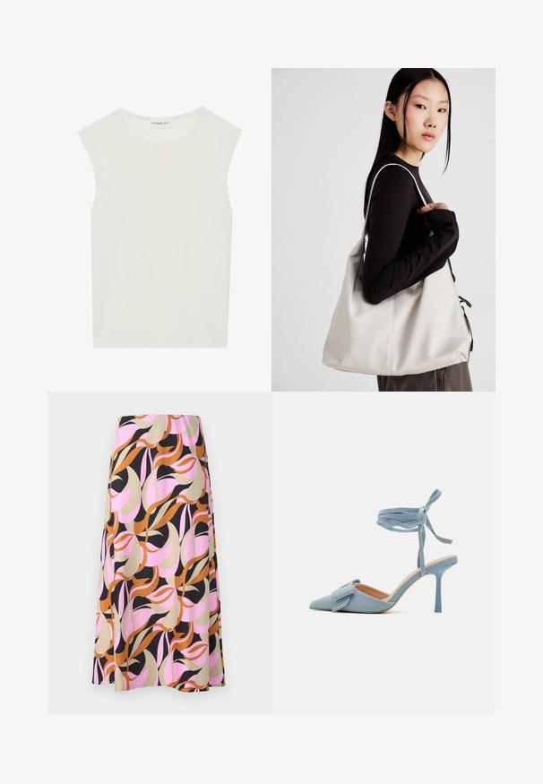 Top blanco sin mangas con escote redondo. Hecho de una tela suave, presenta un corte relajado y un diseño minimalista. Sin patrones ni acentos.; Una falda con estampado que presenta remolinos en tonos rosa, beige, marrón y negro. Hecha de una tela suave, tiene un diseño fluido y un corte a la altura de la rodilla.; Zapato de tacón alto de punta afilada en tela azul claro con un acabado texturizado, que presenta un lazo decorativo y una correa en el tobillo para un ajuste seguro.; Bolso de mano beige hecho de material suave, con un diseño holgado, detalles cosidos y dos asas. Adecuado para uso diario.; Pendientes de aro plateados con un diseño redondo y liso, y un acabado pulido. Son delgados y ligeros, y cuentan con un sencillo cierre de gancho.