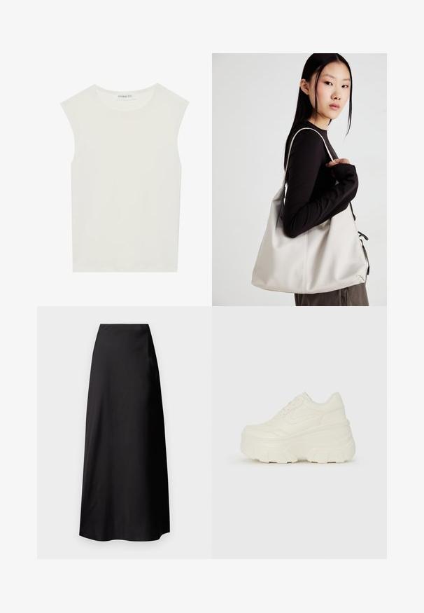 Witte mouwloze top met een ronde halslijn. Gemaakt van gladde stof, het heeft een losse pasvorm en een minimalistisch ontwerp. Geen patronen of accenten.; Zwarte satijnen maxi rok met een gladde textuur, hoge taille, vloeiende silhouet en zonder zichtbare patronen of hardware details.; Witte platform sneakers met een gladde leren bovenkant, afgeronde vorm, gewatteerde kraag en een gestructureerde rubberen zool met duidelijke profiel.; Beige handtas gemaakt van zacht materiaal, met een slonzig ontwerp, gestikte details en twee schouderbanden. Geschikt voor dagelijks gebruik.