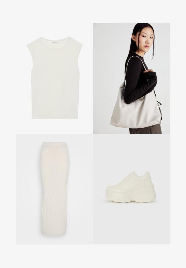 Fehér ujjatlan felső, kerek nyakkivágással. Simább anyagból készült, laza fazonnal és minimalista kialakítással rendelkezik. Nincsenek minták vagy díszítések.; ONLY Tall ONLJEANETT LIFE LONG SKIRT - Maxi szoknya - birch melange; Fehér platform sportcipők, sima bőrszerű felsőrésszel, kerek formával, párnázott bokával és texturált gumitalppal, jól definiált mintázattal.; Puha anyagból készült bézs kézitáska, laza dizájnnal, varrott részletekkel és két vállpánttal. Mindennapi használatra alkalmas.