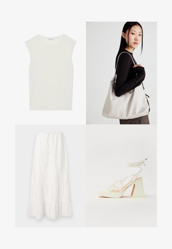 Bela brezrokavnica s okroglim izrezom. Narejena iz gladkega materiala, ima sproščen kroj in minimalističen dizajn. Brez vzorcev ali okrasnih elementov.; Dolga bela bombažna krila z elastičnim pasom in nastavljivo vrvico. Ima večplastne sloje s nežnim čipkastim obrobjem na robu.; Bela sandala na visokih petah s debelim petam, ki ima obliko trakcev in vezanje okoli gležnja. Gladka tekstura z platformo spredaj za dodatno višino.; Bežna torbica iz mehkega materiala, z ohlapno zasnovo, šivi in dvema naramnicama. Primerna za vsakodnevno uporabo.
