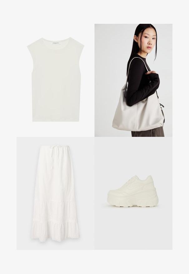 Valge ilma varrukateta topp ümmarguse kaelusega. Valmistatud siledast kangast, sellel on mugav lõige ja minimalistlik disain. Ei ole mustreid ega aksessuaare.; Pikk valge puuvillane seelik, millel on elastne vöökoht ja reguleeritav tõmblukk. Omab kihilisi klambreid, mille äärel on peen pitsi äär.; Valged platvormi tõusukingad, millel on siledast nahast meenutav pealis, ümar kuju, pehmendatud kaelus ja tekstureeritud kummitald koos selgete hüdrofoobsete mustritega.; Bež käekott pehme materjali, millel on lõtv disain, õmblustega detailid ja kaks õlarihma. Sobib igapäevaseks kasutamiseks.