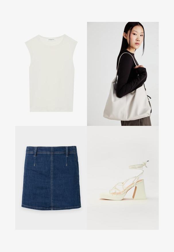 Valge ilma varrukateta topp ümmarguse kaelusega. Valmistatud siledast kangast, sellel on mugav lõige ja minimalistlik disain. Ei ole mustreid ega aksessuaare.; Tume sinine denimmine seelik, millel on nopitud disain, ees olevad taskud ja nähtavad õmblused. Omab sirget äärist ja vööde kinnitusi.; Valged kõrge kontsaga sandaalid, millel on paks konts ja rihmadega disain koos pahkluu sidumisega. Sile tekstuur ja platvorm ees, et lisada kõrgust.; Bež käekott pehme materjali, millel on lõtv disain, õmblustega detailid ja kaks õlarihma. Sobib igapäevaseks kasutamiseks.