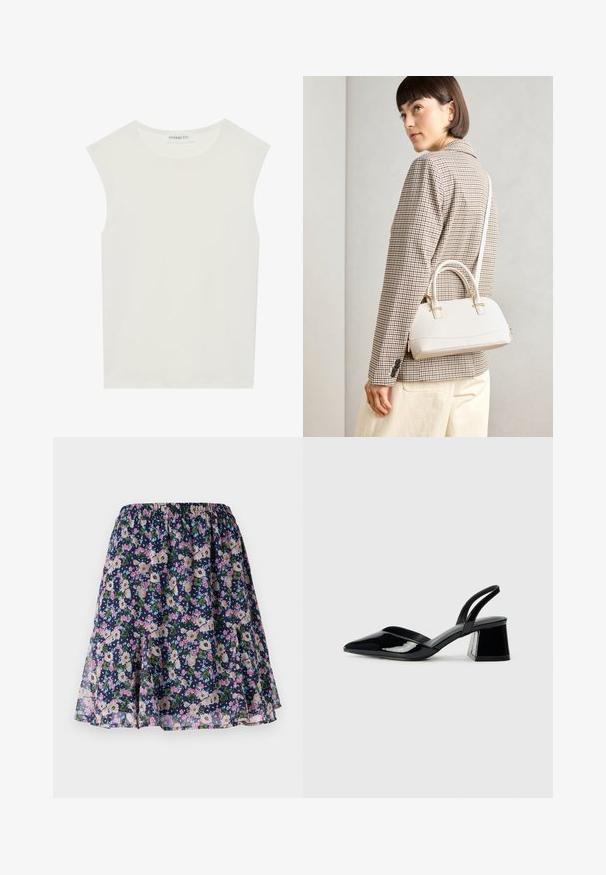 Balts bez piedurknēm tops ar apaļu kakla izgriezumu. Izgatavots no gludas auduma, tam ir brīvs piegriezums un minimālistisks dizains. Nav nekādas rakstainības vai akcentu.; Ziedu svārki ar elastīgu jostu. Izvēlēti tumši jūras zila fons ar rozā, baltu un zaļu ziedu rakstu. Plūstoša, viegla auduma.; Melna lakota āda ar atvērto papēdi, ar smailu purngalu un ģeometrisku blokpapēdi. Iezīmējas elegants, minimāls dizains un gluda tekstūra.; Balta strukturēta roku soma ar īsām rokturiem un plecu siksnu, ar zelta aparatūras akcentiem un strukturētu materiālu, izstādīta uz pelēka fona.