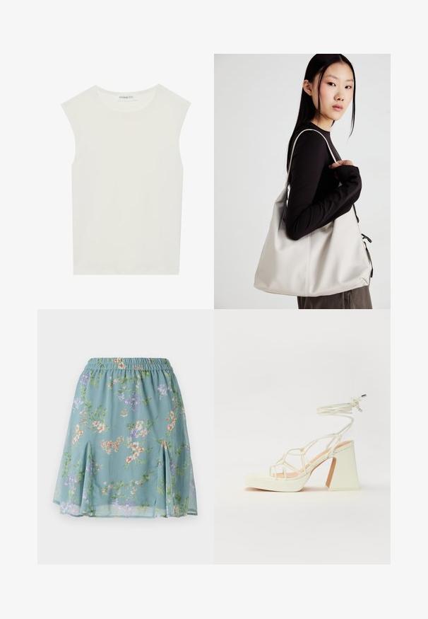 Hvit ermeløs topp med rund hals. Laget av glatt stoff, har den en avslappet passform og minimalistisk design. Ingen mønstre eller detaljer.; Lett, lys blå skjørt med blomsterdesign i nyanser av lilla, oransje og grønn; elastisk linning; sidesplitter ved kanten.; Hvit høyhælte sandal med kraftig hæl, med en stroppe-design og ankelbånd. Glatt tekstur med plattform foran for ekstra høyde.; Beige håndveske laget av mykt materiale, med en slapp design, sydd detaljer og to skulderstropper. Passer for daglig bruk.