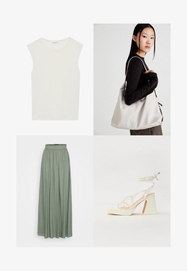 Bela brezrokavnica s okroglim izrezom. Narejena iz gladkega materiala, ima sproščen kroj in minimalističen dizajn. Brez vzorcev ali okrasnih elementov.; Dolga, ohlapna krila v mehki zeleni barvi, izdelana iz lahkega blaga z nabranim, elastičnim pasom in navpičnimi nabrali.; Bela sandala na visokih petah s debelim petam, ki ima obliko trakcev in vezanje okoli gležnja. Gladka tekstura z platformo spredaj za dodatno višino.; Bežna torbica iz mehkega materiala, z ohlapno zasnovo, šivi in dvema naramnicama. Primerna za vsakodnevno uporabo.