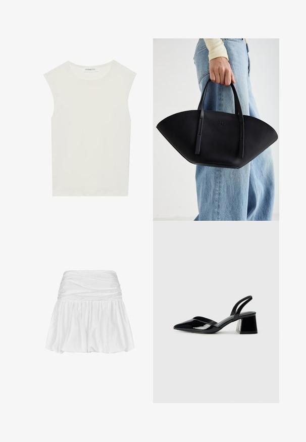 Biely bezrukávový top s okrúhlym výstrihom. Vyrobený z hladkého materiálu, má uvoľnený strih a minimalistický dizajn. Žiadne vzory alebo akcenty.; Biela minisukňa s zberaným pásom, prúdovou A-čkovou siluetou, hladkou textúrou látky a volánovým lemom pre väčší objem a pohyb.; Čierne lakované kožené sandálové podpätky s špicatou špičkou a geometrickým blokovým podpätkom. Disponujú elegantným, minimalistickým dizajnom a hladkým povrchom.; Čierna kožená kabelka s jedinečným tvarom ventilátora, so plochými držadlami. Povrch má štruktúru s brúseným efektom a minimalistic design.