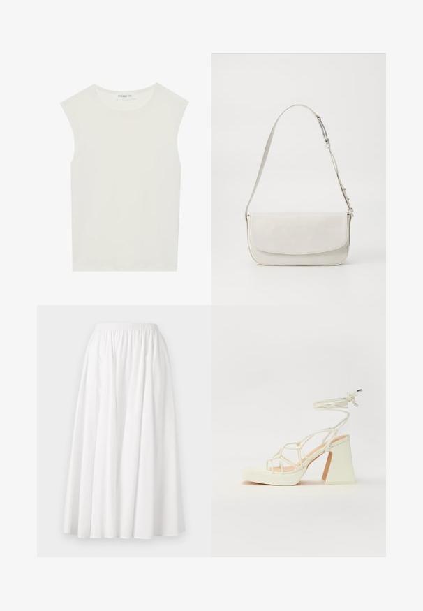 White sleeveless top with a round neckline. Made of smooth fabric, it features a relaxed fit and minimalist design. No patterns or accents.; White, knee-length skirt made from lightweight fabric, featuring an elastic waistband and a flared, pleated design.; White high-heeled sandal with a chunky heel, featuring a strappy design and ankle tie. Smooth texture with a platform front for added height.; White leather shoulder bag with a smooth finish, rectangular shape, flap closure, and an adjustable strap. Simple stitching detail.