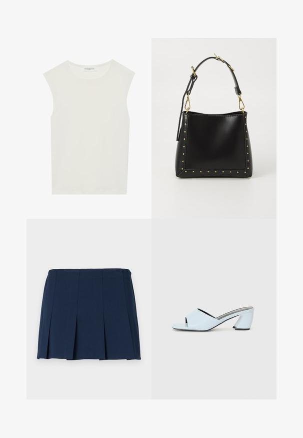 Top bianco senza maniche con scollatura rotonda. Realizzato in tessuto liscio, presenta una vestibilità rilassata e un design minimalista. Nessun motivo o accentuazione.; Gonna mini plissettata blu navy con vita dritta, realizzata in un tessuto liscio. Presenta cuciture verticali lungo le plissettature.; Mule aperte di colore blu chiaro con punta aperta e design geometrico, dotate di una fascia larga che attraversa il piede e di un tacco spesso e angolare.; Borsa a mano in pelle nera con forma strutturata, caratterizzata da borchie dorate lungo i bordi e una tracolla staccabile con dettagli in metallo dorato.