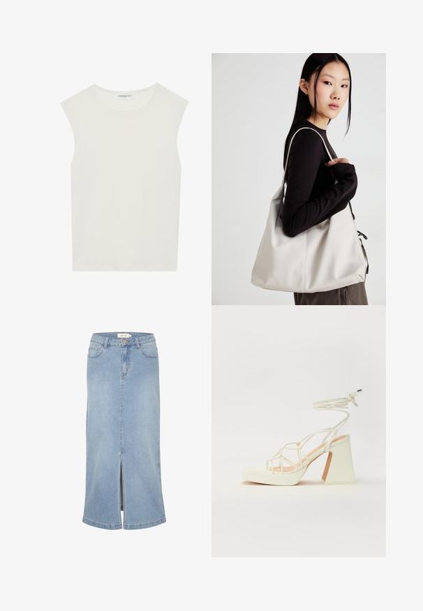 Fehér ujjatlan felső, kerek nyakkivágással. Simább anyagból készült, laza fazonnal és minimalista kialakítással rendelkezik. Nincsenek minták vagy díszítések.; Világoskék farmer midi szoknya, elülső hasítékkal, egyenes szabással, klasszikus öt zsebes kialakítással és elhalványult felülettel. Fehér márkacímkével rendelkezik.; Fehér, magassarkú szandál vastag sarokkal, pántos dizájnnal és bokapánttal. Sima textúra, elülső platformmal a megnövelt magasság érdekében.; Puha anyagból készült bézs kézitáska, laza dizájnnal, varrott részletekkel és két vállpánttal. Mindennapi használatra alkalmas.