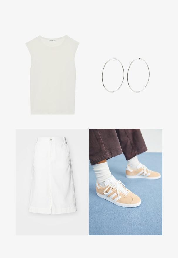 Weißes ärmelloses Top mit rundem Ausschnitt. Hergestellt aus glattem Stoff, hat es einen lässigen Schnitt und minimalistisches Design. Keine Muster oder Akzente.; Weißer Denim-Rock mit geradem Schnitt, vorderem Schlitz und einem einzigen metallischen Knopfverschluss am Bund. Mit Seitentaschen und maßgeschneidertem Saum.; Beige Wildlederschuhe mit weißen Akzenten, ausgestattet mit drei Streifen, einer runden Zehenpartie und einer strukturierten Sohle; kombiniert mit weißen Socken.; Silberne Creolen mit einem glatten, runden Design und einer polierten Oberfläche. Sie sind dünn und leicht und verfügen über einen einfachen Verschluss.