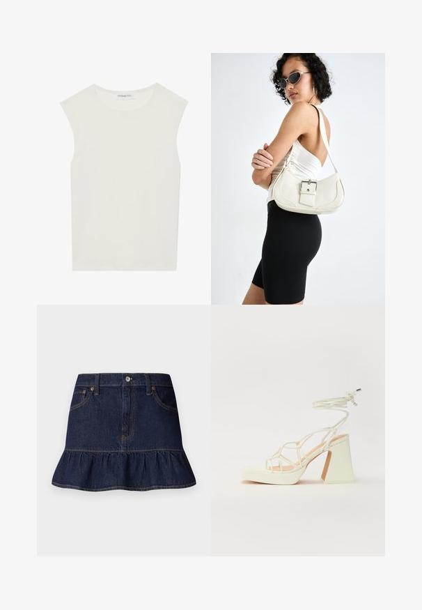 Valge ilma varrukateta topp ümmarguse kaelusega. Valmistatud siledast kangast, sellel on mugav lõige ja minimalistlik disain. Ei ole mustreid ega aksessuaare.; Tume teksaskleed, millel on volangiga äär, viie tasku disain, vöökoha silmadega ja eesne nupu sulgemine. Sile tekstuur ja sirge lõige.; Valged kõrge kontsaga sandaalid, millel on paks konts ja rihmadega disain koos pahkluu sidumisega. Sile tekstuur ja platvorm ees, et lisada kõrgust.; Valge nahast käekott, millel on kõver kuju, reguleeritav rihm ja väike nööbiga detail. Mudel kannab sobivat musta kostüümi.