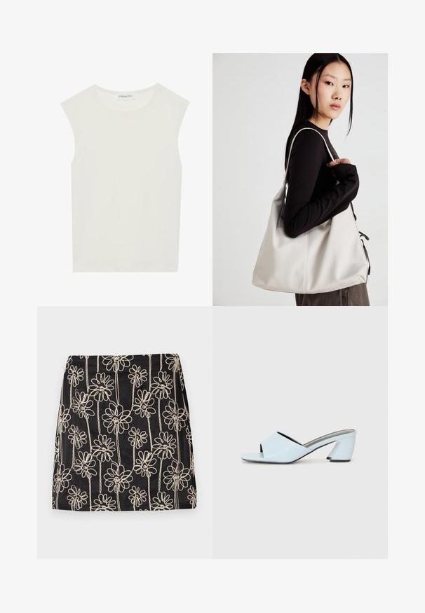 Top branco sem mangas com decote redondo. Feito de um tecido liso, apresenta um corte descontraído e um design minimalista. Sem padrões ou detalhes.; Saia preta com bordado floral branco em designs em espiral. Textura suave e forma ajustada, com detalhes de costura visíveis.; Mules de salto aberto de cor azul clara com um design geométrico, apresentando uma faixa larga sobre o pé e um salto chunky e angular.; Uma bolsa bege feita de material macio, com um design descontraído, detalhes de costura e duas alças para o ombro. Adequada para uso diário.