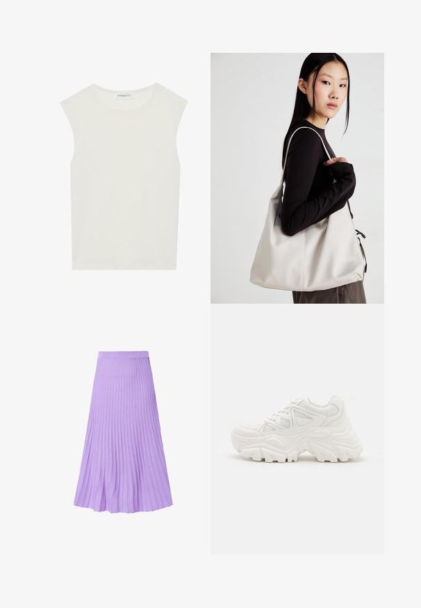 Valkoinen hihaton paita, jossa on pyöreä kaula-aukko. Valmistettu sileästä kankaasta, siinä on rento istuvuus ja minimalistinen muotoilu. Ei kuvioita tai koristeita.; Hame pleated dalam kain lavender muda. Memiliki pinggang tinggi, desain setinggi lutut, dan permukaan bertekstur dengan garis vertikal.; Valkoiset paksut lenkkarit, joissa on teksturoitu päällinen, verkkomaiset paneelit ja paksut kumipohjat, joissa on merkittävä kuviointi. Nauhat ja vetotappi mukana.; Beige laukku, joka on valmistettu pehmeästä materiaalista, ja siinä on rento muotoilu, ommeltu yksityiskohtia ja kaksi olkahihnaa. Sopii päivittäiseen käyttöön.