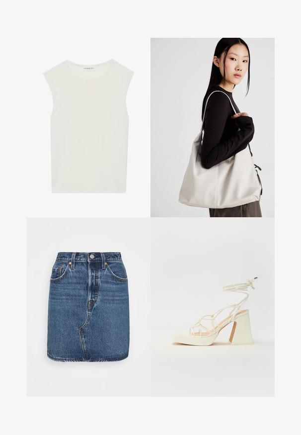 Fehér ujjatlan felső, kerek nyakkivágással. Simább anyagból készült, laza fazonnal és minimalista kialakítással rendelkezik. Nincsenek minták vagy díszítések.; Levi's® DECON ICONIC - Farmerszoknya - troy tricks; Fehér, magassarkú szandál vastag sarokkal, pántos dizájnnal és bokapánttal. Sima textúra, elülső platformmal a megnövelt magasság érdekében.; Puha anyagból készült bézs kézitáska, laza dizájnnal, varrott részletekkel és két vállpánttal. Mindennapi használatra alkalmas.