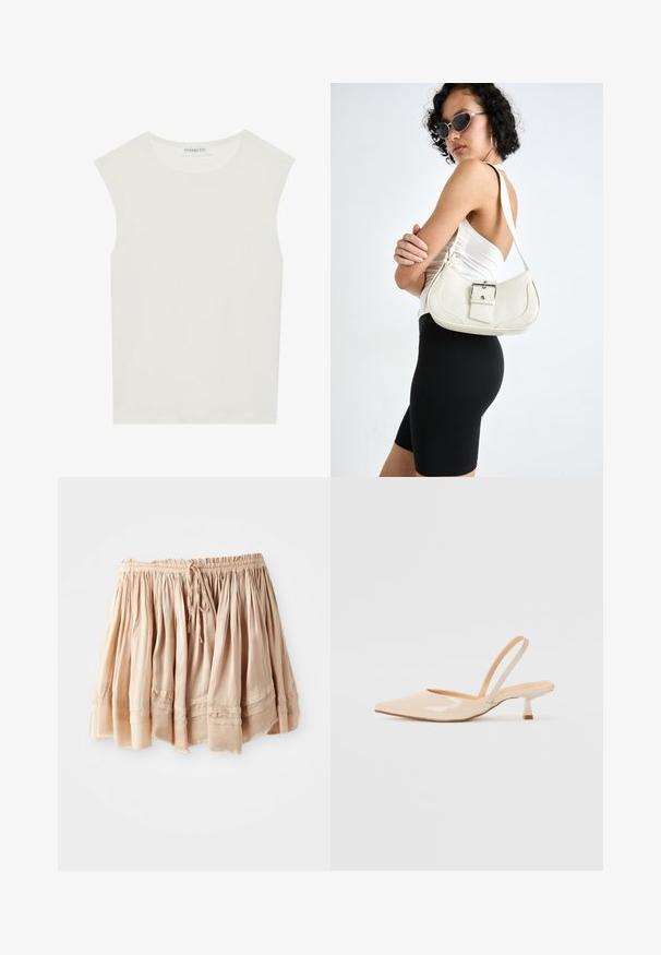 Biała bezrękawnik z okrągłym dekoltem. Wykonana z gładkiego materiału, ma luźny krój i minimalistyczny design. Bez wzorów ani akcentów.; Jasno beżowa, warstwowa spódnica z miękkiego materiału, z elastycznym pasem i regulowanym sznurkiem, z delikatnymi fałdami i przeszytymi akcentami.; Beżowe lakierowane czółenka na odkrytej pięcie z zasunięciem, z ostrym noskiem i smukłym, kwadratowym obcasem. Gładka faktura i minimalistyczny design bez zdobień.; Biała skórzana torebka o zaokrąglonym kształcie, z regulowanym paskiem i małym detalem z klamrą. Modelka ma na sobie dopasowany czarny strój.