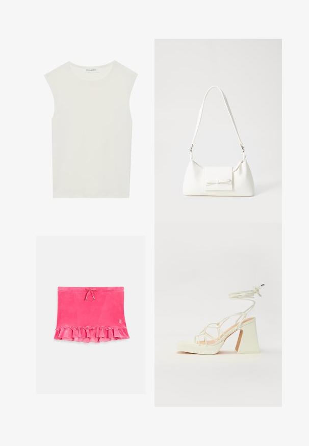 Top branco sem mangas com decote redondo. Feito de um tecido liso, apresenta um corte descontraído e um design minimalista. Sem padrões ou detalhes.; Saia de veludo rosa com bainha franzida, cintura com cordão e detalhes em prata. Textura suave com um design casual.; Sandálias brancas de salto alto com um salto robusto, apresentando um design com tiras e amarração no tornozelo. Textura suave com uma plataforma na frente para altura adicional.; Mala sintética branca com formato triangular, aba frontal plana e detalhe de laço, alça ajustável, textura suave e design minimalista.
