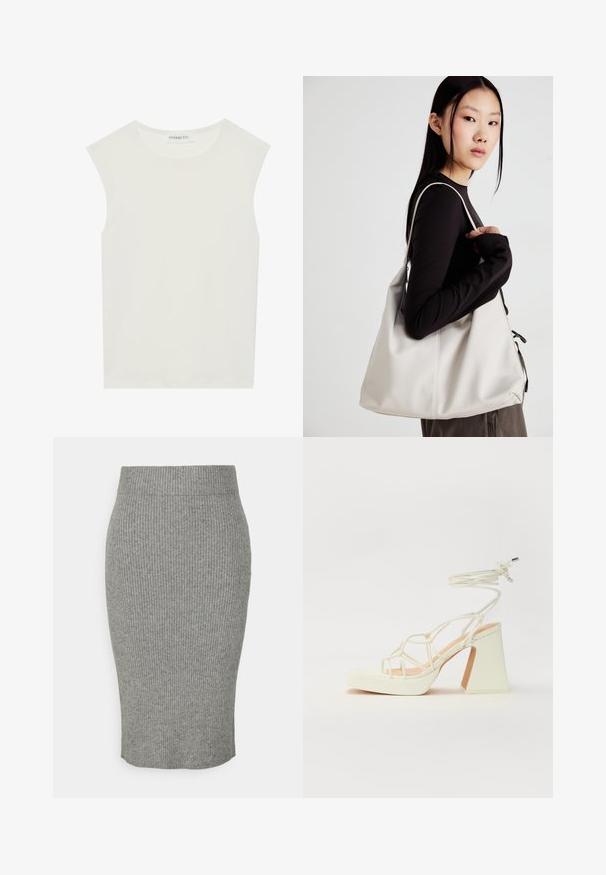 Fehér ujjatlan felső, kerek nyakkivágással. Simább anyagból készült, laza fazonnal és minimalista kialakítással rendelkezik. Nincsenek minták vagy díszítések.; Szürke bordás kötött ceruzaszoknya, testhezálló fazonnal, elasztikus derékpánttal és puha textúrával. Közepes hosszúságú design.; Fehér, magassarkú szandál vastag sarokkal, pántos dizájnnal és bokapánttal. Sima textúra, elülső platformmal a megnövelt magasság érdekében.; Puha anyagból készült bézs kézitáska, laza dizájnnal, varrott részletekkel és két vállpánttal. Mindennapi használatra alkalmas.