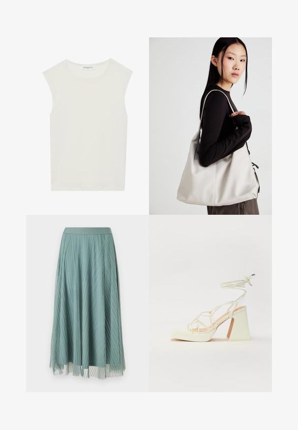 Weißes ärmelloses Top mit rundem Ausschnitt. Hergestellt aus glattem Stoff, hat es einen lässigen Schnitt und minimalistisches Design. Keine Muster oder Akzente.; Faltender Midirock in gedecktem Tön von Teal, aus leichtem Stoff hergestellt. Mit glattem Taillenbund und transparenter Unterlage für zusätzliche Textur.; Weiße High-Heel-Sandale mit einem klobigen Absatz, die über ein Riemchendesign und ein Knöchelband verfügt. Glatte Textur mit einer Plattform vorne für zusätzliche Höhe.; Beige Handtasche aus weichem Material, mit einem lässigen Design, gesteppten Details und zwei Schulterriemen. Geeignet für den täglichen Gebrauch.