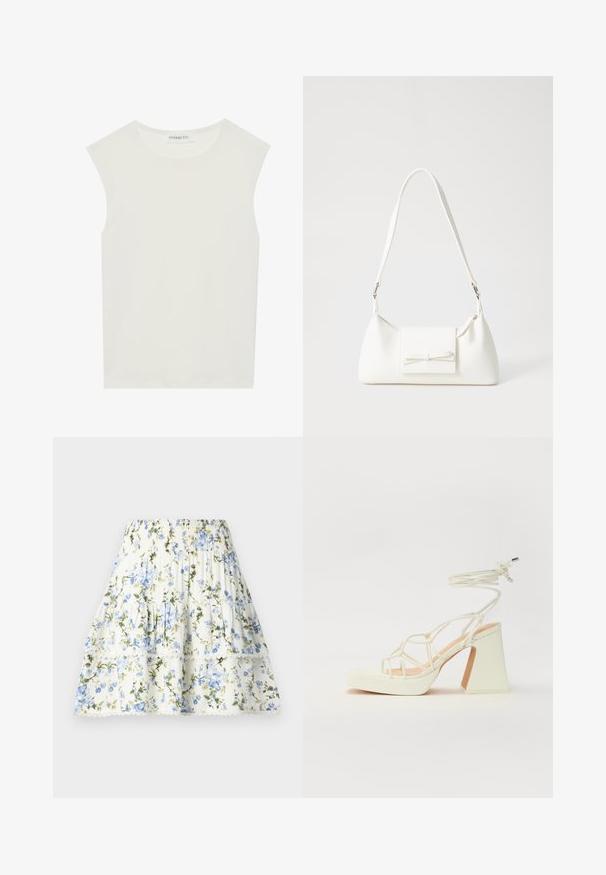 Weißes ärmelloses Top mit rundem Ausschnitt. Hergestellt aus glattem Stoff, hat es einen lässigen Schnitt und minimalistisches Design. Keine Muster oder Akzente.; Blumiger Rock in Weiß mit blauen und grünen Blumen, elastischem Bund, geschichtetem Design und Spitzenbesatz am Saum. Leichter Stoff.; Weiße High-Heel-Sandale mit einem klobigen Absatz, die über ein Riemchendesign und ein Knöchelband verfügt. Glatte Textur mit einer Plattform vorne für zusätzliche Höhe.; Weiße synthetische Handtasche in dreieckiger Form, flache Vorderklappe und Schleifendetail, verstellbarer Trageriemen, glatte Textur und minimalistisches Design.