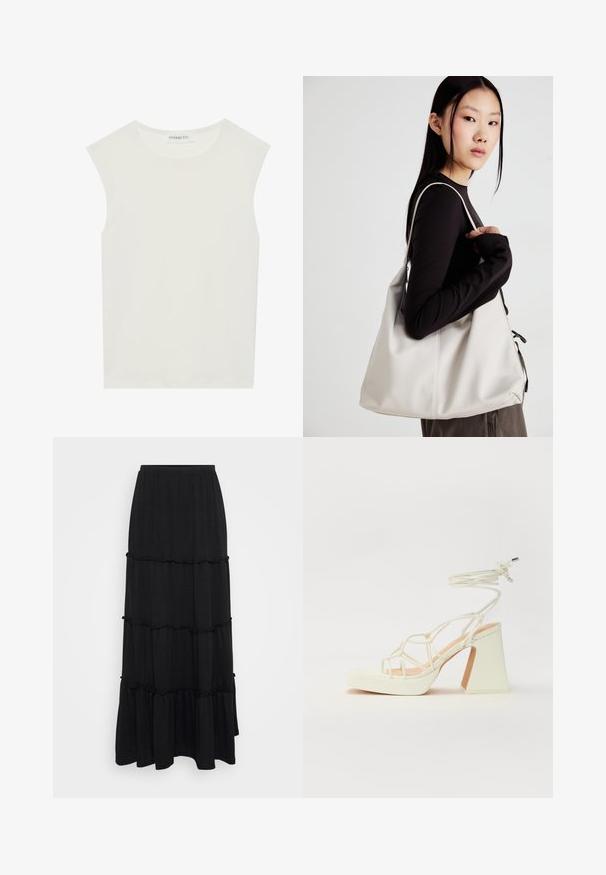 Balts bez piedurknēm tops ar apaļu kakla izgriezumu. Izgatavots no gludas auduma, tam ir brīvs piegriezums un minimālistisks dizains. Nav nekādas rakstainības vai akcentu.; Melnā maxi svārki, kas izgatavoti no viegla materiāla, ar trim līmeņiem un viļņotu malu, kā arī elastīgu jostasvietu ērtībai.; Baltas augstpapēžu sandales ar masīvu papēdi, ar siksnu dizainu un potītes saistītiem elementiem. Gluda tekstūra ar platformu priekšpusē, lai nodrošinātu papildu augstumu.; Bežs rokassoma, izgatavota no mīksta materiāla, ar brīvu dizainu, izšūtu apdari un divām plecu siksnām. Piemērota ikdienas lietošanai.