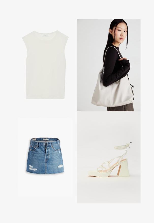 White sleeveless top with a round neckline. Made of smooth fabric, it features a relaxed fit and minimalist design. No patterns or accents.; Denim mini skirt in light blue. Features frayed hem, two distressed patches, front button closure, and five pockets. Classic cut.; White high-heeled sandal with a chunky heel, featuring a strappy design and ankle tie. Smooth texture with a platform front for added height.; Beige handbag made of soft material, featuring a slouchy design, stitched detailing, and two shoulder straps. Suitable for everyday use.