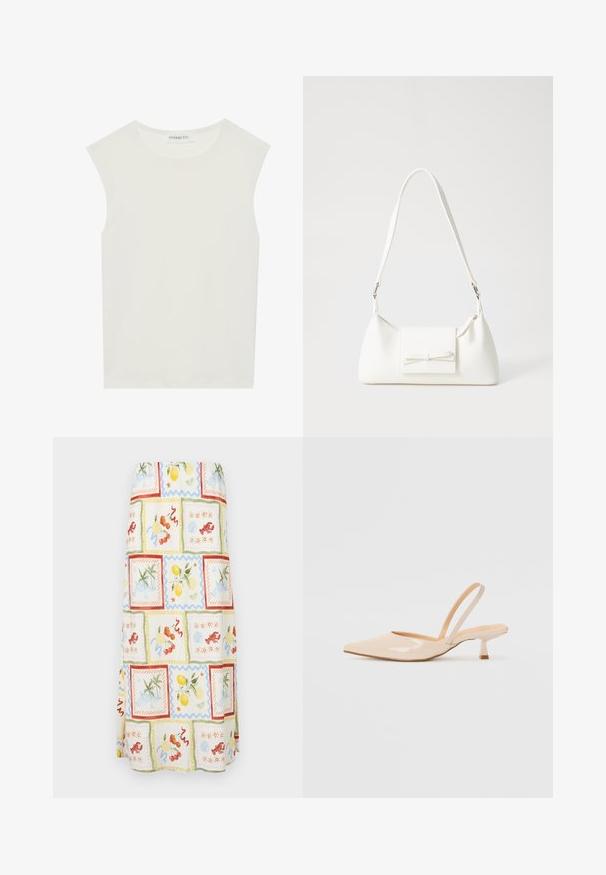 White sleeveless top with a round neckline. Made of smooth fabric, it features a relaxed fit and minimalist design. No patterns or accents.; Maxi skirt featuring a lightweight fabric with a bright multi-pattern, including fruits and coastal scenes in pastel colors and textured accents.; Beige patent leather slingback heels with pointed toe and a slim, square heel. Smooth texture and minimalist design with no embellishments.; White synthetic handbag with a triangular shape, flat front flap and bow detail, adjustable strap, smooth texture, and minimalistic design.