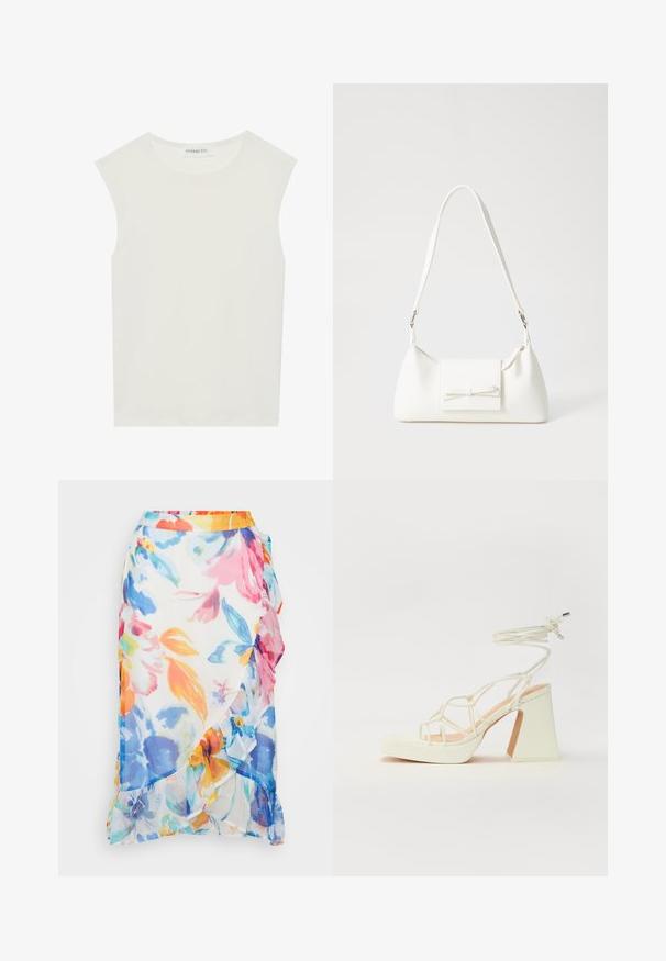 Valge ilma varrukateta topp ümmarguse kaelusega. Valmistatud siledast kangast, sellel on mugav lõige ja minimalistlik disain. Ei ole mustreid ega aksessuaare.; Õhuline, läbipaistev lillemuster, mis on valmistatud kergest kangast. Omab elavaid mitmevärvilisi lilli, volangidega ääred ja kontrastset oranži vöökohta.; Valged kõrge kontsaga sandaalid, millel on paks konts ja rihmadega disain koos pahkluu sidumisega. Sile tekstuur ja platvorm ees, et lisada kõrgust.; Valge sünteetilisest materjalist kott kolmnurkse kujuga, lame esiklapiga ja kaaredetailiga, reguleeritava rihmaga, sileda tekstuuriga ja minimalistliku disainiga.