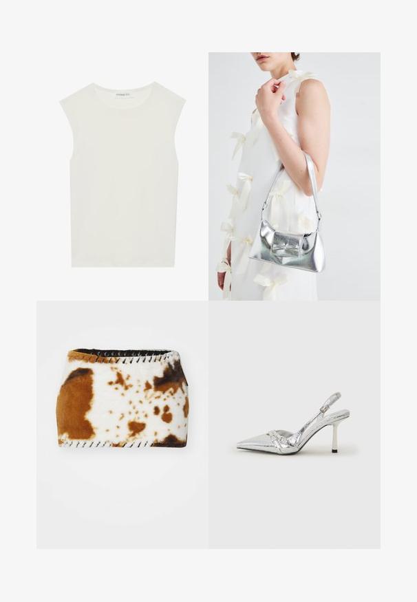 Biely bezrukávový top s okrúhlym výstrihom. Vyrobený z hladkého materiálu, má uvoľnený strih a minimalistický dizajn. Žiadne vzory alebo akcenty.; Béžová a biela látka s kožúškovým vzorom, s jemnou textúrou, zakončená čiernym šnurovaním pozdĺž okrajov.; Strieborné slingback lodičky na vysokom opätku s špicatou špičkou, metalickým povrchom, dvoma dekoratívnymi pruhmi a štíhlym opätkom s čiernym hrotom.; Strieborná metalická kabelka so štruktúrovaným tvarom, ktorá má hornú rukoväť a mašľu na prednej strane. Hladká textúra, reflexný povrch.