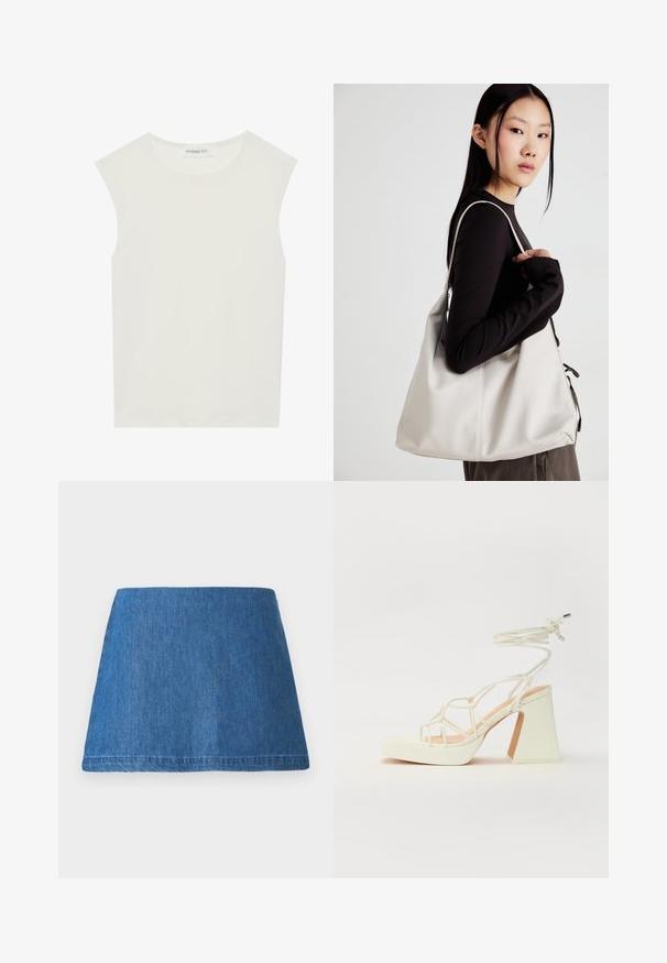 Bijela majica bez rukava s okruglim izrezom. Izrađena je od glatkog materijala, nudi opušteni kroj i minimalistički dizajn. Bez uzoraka ili ukrasa.; Traper mini suknja u srednje plavoj boji, s klasičnim A-linijskim oblikom, čistim rubom i bez vidljivih ukrasa ili uzoraka.; Bijela sandala na visokoj potpetici s debelim petom, s remenom i vezanjem oko gležnja. Glatka tekstura s platformom sprijeda za dodatnu visinu.; Bežna torba od mekog materijala s opuštenim dizajnom, šivanim detaljima i dva remena za rame. Pogodna za svakodnevnu upotrebu.