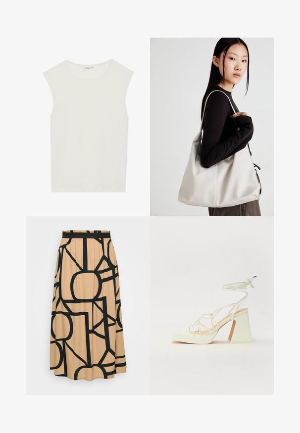 Fehér ujjatlan felső, kerek nyakkivágással. Simább anyagból készült, laza fazonnal és minimalista kialakítással rendelkezik. Nincsenek minták vagy díszítések.; Hosszú bézs szoknya fekete geometrikus mintával. Rugalmas derékrésszel és sima szövettextúrával rendelkezik. Lekerekített szegély az alján.; Fehér, magassarkú szandál vastag sarokkal, pántos dizájnnal és bokapánttal. Sima textúra, elülső platformmal a megnövelt magasság érdekében.; Puha anyagból készült bézs kézitáska, laza dizájnnal, varrott részletekkel és két vállpánttal. Mindennapi használatra alkalmas.