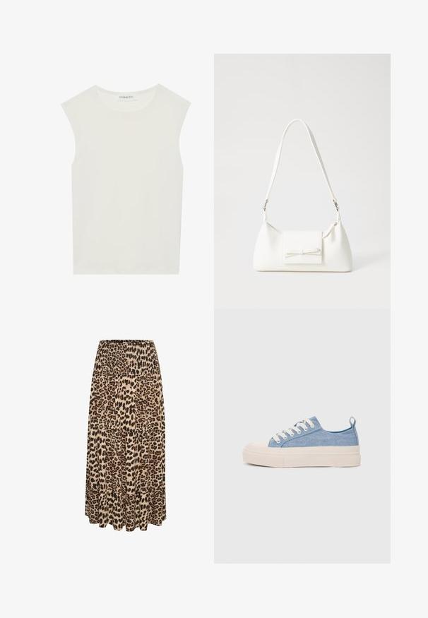 Balta be rankovių palaidinė su apvaliu kaklu. Pagaminta iš lygios medžiagos, ji turi laisvą siluetą ir minimalistinį dizainą. Be raštų ar akcentų.; Leopardų rašto maksi sijonas su raukšlėta juosmeniu ir kelių lygių volantais, sušvelninto audinio atspalvių, kuriuose dominuoja smėlio, rudos ir juodos spalvos.; Šviesiai mėlyni drobės sportbačiai su kreminiu guminiu pirštų apsaugos ir pado elementu, balti raišteliai ir kilpa ant kulno.; Balta sintetinė rankinė trikampio formos, plokščiu priekiu su užsegimu, kaspino detale, reguliuojama dirželiu, lygia tekstūra ir minimalistišku dizainu.