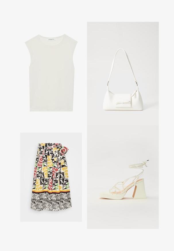 Fehér ujjatlan felső, kerek nyakkivágással. Simább anyagból készült, laza fazonnal és minimalista kialakítással rendelkezik. Nincsenek minták vagy díszítések.; Virágmintás szoknya rakott részletekkel, piros, sárga, zöld és fekete színekkel, fehér háttéren. Fekete-fehér, hullámos szegéllyel rendelkezik.; Fehér, magassarkú szandál vastag sarokkal, pántos dizájnnal és bokapánttal. Sima textúra, elülső platformmal a megnövelt magasság érdekében.; Fehér szintetikus kézitáska, háromszög alakú, lapos előlap, masni részlettel, állítható pánttal, sima textúrával és minimalista dizájnnal.
