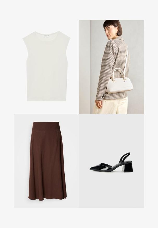 Balts bez piedurknēm tops ar apaļu kakla izgriezumu. Izgatavots no gludas auduma, tam ir brīvs piegriezums un minimālistisks dizains. Nav nekādas rakstainības vai akcentu.; Brūna maksi svārki ar gludu tekstūru, plašu elastīgu jostasvietu un plūstošu dizainu, piemēroti ikdienas vai pusformālām jumpalām.; Melna lakota āda ar atvērto papēdi, ar smailu purngalu un ģeometrisku blokpapēdi. Iezīmējas elegants, minimāls dizains un gluda tekstūra.; Balta strukturēta roku soma ar īsām rokturiem un plecu siksnu, ar zelta aparatūras akcentiem un strukturētu materiālu, izstādīta uz pelēka fona.; Zeltīti metāla auskari ar gludu, izliekta dizaina. Ar atšķirīgu smailu formu, pulētu virsmu un eņģu aizdari.