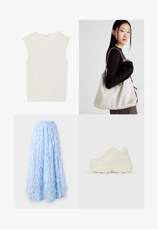 Bela brezrokavnica s okroglim izrezom. Narejena iz gladkega materiala, ima sproščen kroj in minimalističen dizajn. Brez vzorcev ali okrasnih elementov.; Svetlo modra midi krila iz večplastnega, teksturiranega blaga z resastimi detajli, z elastičnim pasom in tekočo silhueto.; Bele platformske tene z belim zgornjim delom, ki spominja na usnje, okroglo obliko, oblazinjen ovratnik ter gumo z teksturo na podplatu z izrazitimi profili.; Bežna torbica iz mehkega materiala, z ohlapno zasnovo, šivi in dvema naramnicama. Primerna za vsakodnevno uporabo.