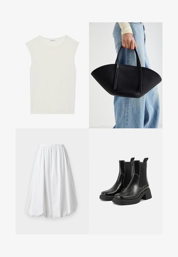 Top bianco senza maniche con scollatura rotonda. Realizzato in tessuto liscio, presenta una vestibilità rilassata e un design minimalista. Nessun motivo o accentuazione.; Gonna bianca al ginocchio con fascia elastica e forma a palloncino. Realizzata in tessuto leggero con una texture liscia.; Stivali Chelsea in pelle nera con tacco spesso, pannelli elasticizzati sui lati e cuciture bianche a contrasto. Finitura testurizzata.; Borsa a tracolla in pelle nera con una forma a ventaglio unica, dotata di manici piatti. La superficie presenta una texture a ciottoli e un design minimalista.