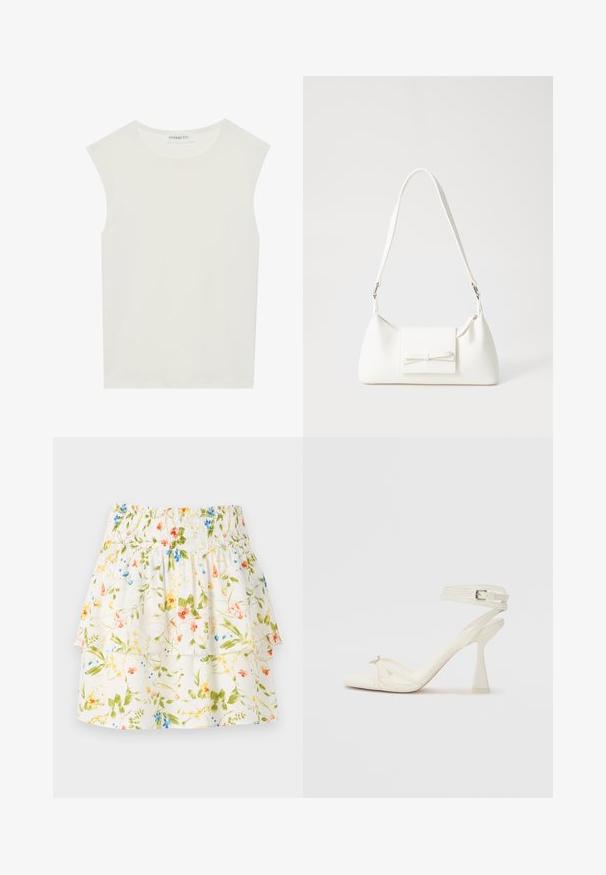 Top branco sem mangas com decote redondo. Feito de um tecido liso, apresenta um corte descontraído e um design minimalista. Sem padrões ou detalhes.; Saia com padrão floral, com uma cintura franzida, camadas franzidas e um fundo branco com flores verdes, vermelhas e azuis.; Sandal de salto alto com tiras em couro branco, com um design elegante, um salto bloco transparente e um elemento decorativo na ponta.; Mala sintética branca com formato triangular, aba frontal plana e detalhe de laço, alça ajustável, textura suave e design minimalista.