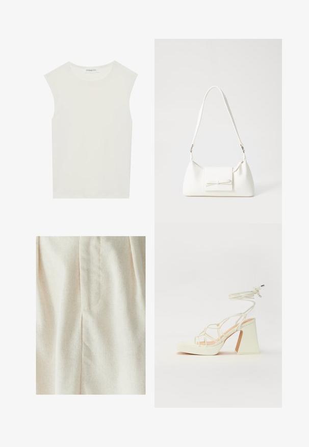 Valge ilma varrukateta topp ümmarguse kaelusega. Valmistatud siledast kangast, sellel on mugav lõige ja minimalistlik disain. Ei ole mustreid ega aksessuaare.; WILLA MIMIE MIDI - Voltidega seelik - natural; Valged kõrge kontsaga sandaalid, millel on paks konts ja rihmadega disain koos pahkluu sidumisega. Sile tekstuur ja platvorm ees, et lisada kõrgust.; Valge sünteetilisest materjalist kott kolmnurkse kujuga, lame esiklapiga ja kaaredetailiga, reguleeritava rihmaga, sileda tekstuuriga ja minimalistliku disainiga.