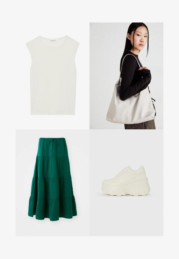 Haut sans manches blanc avec un col rond. Fabriqué en tissu lisse, il présente une coupe décontractée et un design minimaliste. Pas de motifs ni d'accents.; Jupe maxi verte à niveaux fabriquée en tissu léger. Dotée d'une taille élastique avec cordon de serrage et de volants évasés à l'ourlet. Texture douce.; Baskets plateformes blanches avec une tige en simili cuir lisse, une forme arrondie, un col rembourré et une semelle en caoutchouc texturé avec des crampons définis.; Sac à main beige en matériau souple, avec un design décontracté, des détails cousus et deux poignées. Idéal pour un usage quotidien.