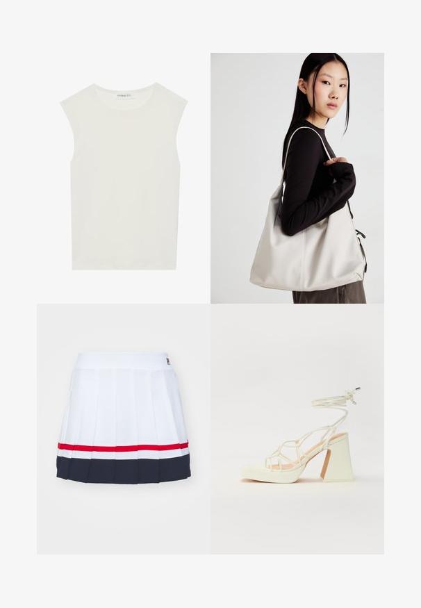 Fehér ujjatlan felső, kerek nyakkivágással. Simább anyagból készült, laza fazonnal és minimalista kialakítással rendelkezik. Nincsenek minták vagy díszítések.; Fehér pliszírozott szoknya széles derékpánttal, piros és tengerészkék csíkokkal a szegélyen. Könnyű anyagból készült.; Fehér, magassarkú szandál vastag sarokkal, pántos dizájnnal és bokapánttal. Sima textúra, elülső platformmal a megnövelt magasság érdekében.; Puha anyagból készült bézs kézitáska, laza dizájnnal, varrott részletekkel és két vállpánttal. Mindennapi használatra alkalmas.
