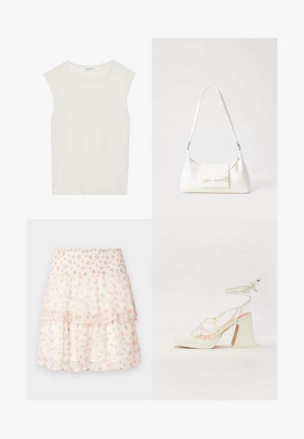 Bijela majica bez rukava s okruglim izrezom. Izrađena je od glatkog materijala, nudi opušteni kroj i minimalistički dizajn. Bez uzoraka ili ukrasa.; CVjetna slojevita suknja napravljena od laganog materijala. Ima gumirani pojas, ružičaste cvjetove i krem pozadinu s nježnom, prozirnom teksturom.; Bijela sandala na visokoj potpetici s debelim petom, s remenom i vezanjem oko gležnja. Glatka tekstura s platformom sprijeda za dodatnu visinu.; Bijela sintetička torbica s trokutastim oblikom, ravnim prednjim poklopcem i detaljem u obliku mašne, podesivom remenom, glatkom teksturom i minimalističkim dizajnom.